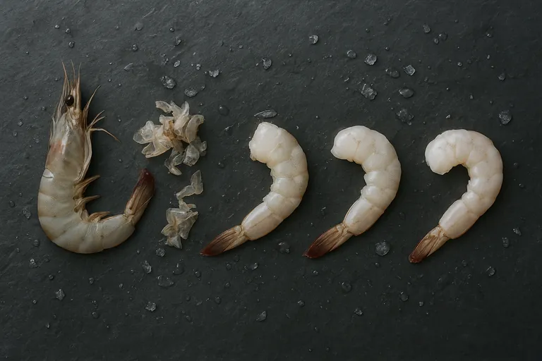 Top-down photo showing four vannamei shrimp at different processing stages—head-on shell-on, headless shell-on, peeled tail-on, and peeled deveined tail-off—arranged left to right on a dark slate surface with ice and bits of shell between stages, illustrating yield changes across specs.