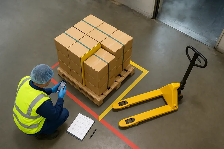 Top-down receiving dock scene showing a single pallet with two clearly separated stacks of shrimp cartons, color-coded straps, and a clerk photographing the pallet for records