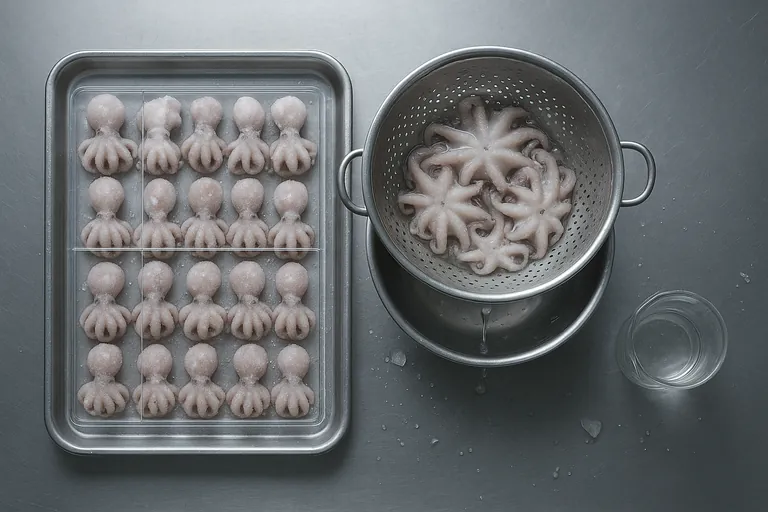 Top-down view in a cold room: a tray of baby octopus arranged beneath a transparent grid counting frame beside a thaw test setup with a colander draining into a bowl and a beaker of meltwater.