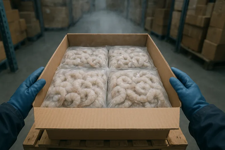 Top-down view in a cold store of an open master carton on a pallet containing six clear bags of IQF vannamei shrimp arranged neatly in two rows of three, with light frost and a worker’s gloved hands counting the bags.