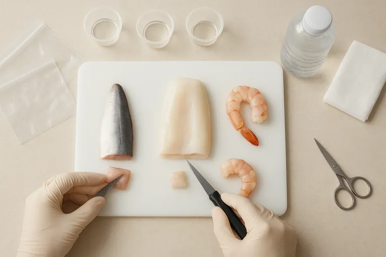 Top-down view of a clean cutting board showing correct sampling: a small fish with a shallow slice just under the belly skin and a separate deeper cube cut from the thick loin; an opened squid mantle with an interior piece being trimmed; a shrimp with peeled shoulder meat being sampled. Nearby are two small clear cups, zipper bags, bottled water, a tissue, and a paring knife.