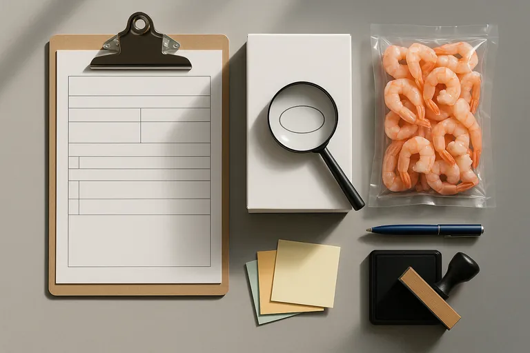 Top-down view of a desk where a buyer compares blank documents with a carton’s identification mark, using a magnifying glass and a clear bag of cooked shrimp as reference.