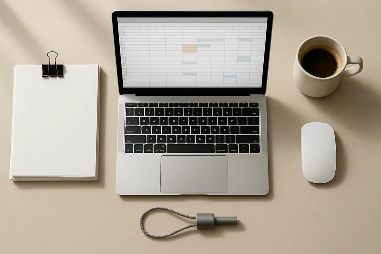 Top-down view of a desk with an open laptop displaying a color-coded grid, organized documents, and a metal cargo bolt seal, conveying a complete, ready-to-submit application setup.