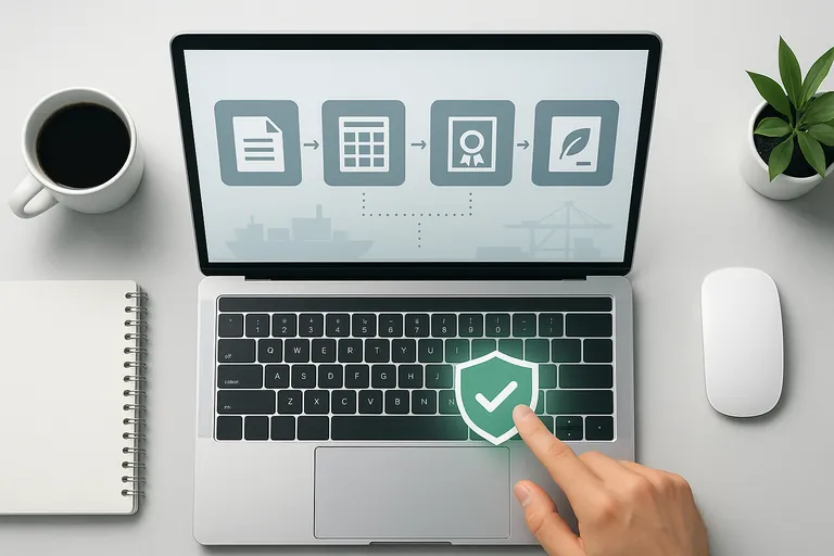 Top-down view of a laptop where document icons for invoice, packing list, and certificates are linked by arrows to a shield badge and green checkmark, illustrating the step of linking shipment documents for approval.