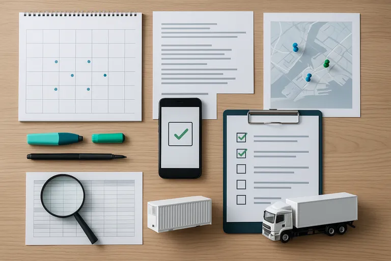 ایک لاجسٹکس منصوبہ ساز کی میز کا اوپر سے منظر جس میں کیلنڈر نمایاں دنوں کے ساتھ، ثبوتی دستاویزات، پن کے ساتھ بندرگاہ کا نقشہ، کنفرم شدہ ٹائم سلاٹ کے ساتھ اسمارٹ فون، اور ایک چھوٹا ماڈل ریفریجریٹڈ کنٹینر اور ٹرک دکھائی دے رہے ہیں.