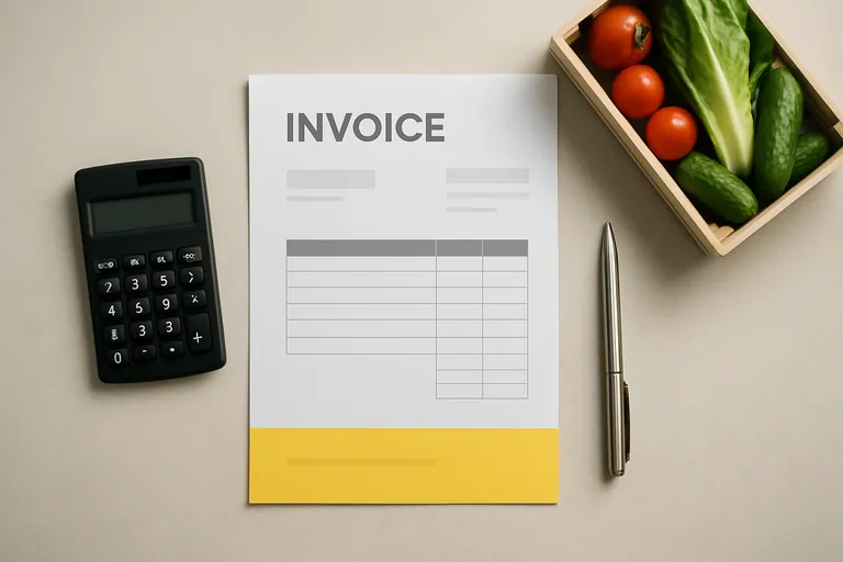 Top-down view of a minimal invoice mockup on a desk, with the bottom footer area clearly highlighted, next to crates of tomatoes, cucumbers, and romaine lettuce, indicating where the statement on origin should be placed.