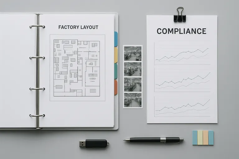 Top-down view of a neatly organized compliance folder on a desk, with color dividers, plant layout diagrams, flowchart-style pages, small photo thumbnails of production areas, clipped pages with charts, a USB drive, and a pen.