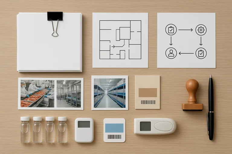 Top-down view of a neatly organized document pack for a CIFER product-scope addition: clipped forms, a simple facility layout diagram, a process flow illustration, production area photos, blank sample labels, sealed cartons photo, water/ice test vials, a pen and stamp—all arranged on a clean desk to convey readiness without showing any text.