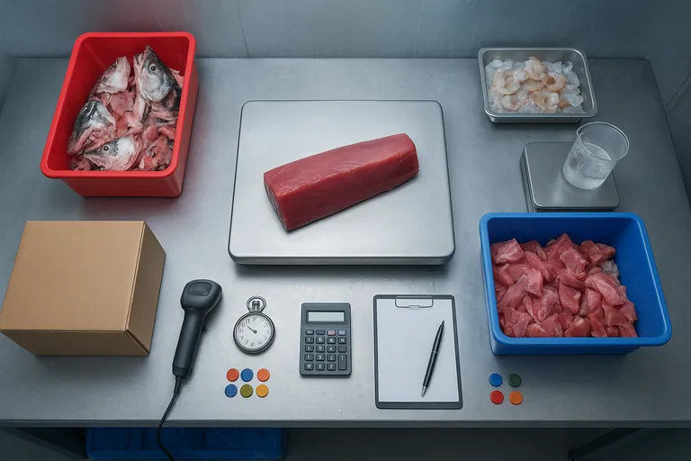 냉동실 내 품질관리 질량 균형 스테이션을 위에서 내려다본 모습: 디지털 저울 위의 참치 로인, 폐기 및 트림용 빨간색·파란색 통, 글레이즈가 묻은 새우가 저울 위의 투명 비커로 떨어지는 작은 쟁반, 파란 팔레트 코너 위의 밀봉된 일반 상자, 핸드헬드 스캐너, 스톱워치, 계산기, 색깔 플라스틱 토큰, 스테인리스 작업대 위에 정리된 빈 시트가 있는 클립보드.