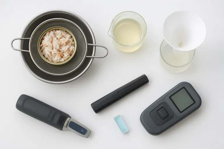 Top-down view of a simple screening setup: crab meat draining in a sieve, a coffee filter funnel extracting liquid, a beaker of purge, and unbranded handheld meters (colorimeter, pH pen, refractometer) arranged neatly on a clean bench.