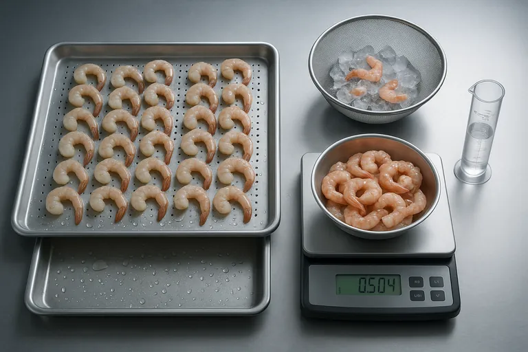 Top-down view of a simple thaw-yield test: shrimp laid in a single layer on a perforated tray draining over a pan, a stainless bowl of drained shrimp on a digital scale, a colander with ice melt, and a clear cylinder of collected drip on a stainless worktable in a cold room.