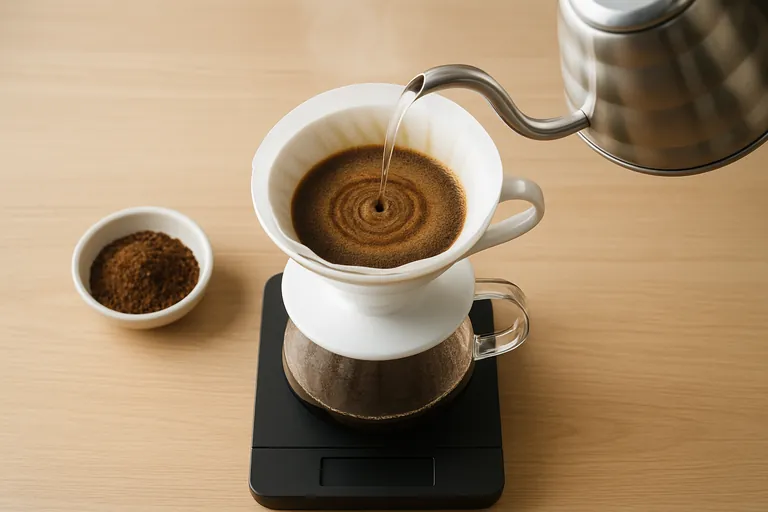 Top-down view of a thin stream from a gooseneck kettle spiraling into a white conical dripper over a glass server on a minimalist coffee scale with a blank screen, capturing the main pour stage with an even, circular slurry pattern.