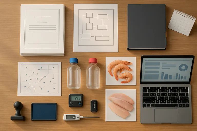 Top-down view of a tidy desk showing organized renewal materials for a seafood facility: unlabeled certificates, plant layout drawing, lab sample bottles, thermometer and data logger, pest control map, product photos, rubber stamp, and an open laptop with a text-free dashboard.