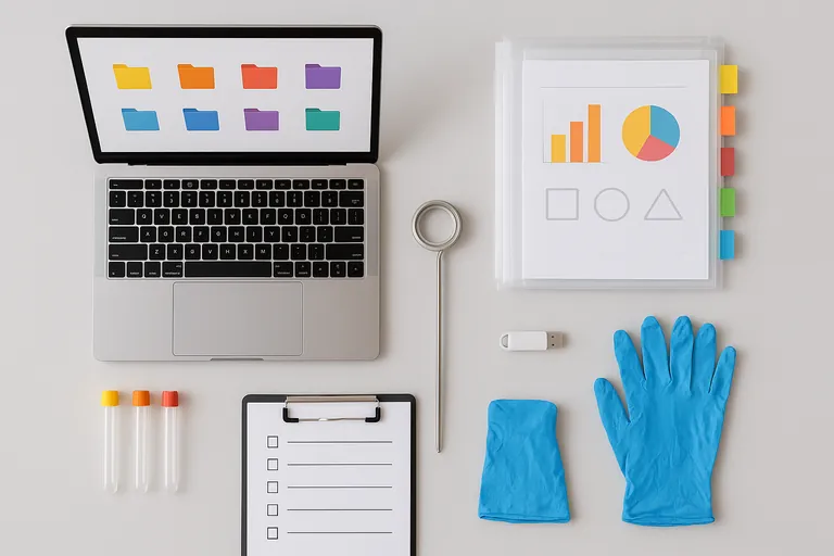 정돈된 책상을 항공 촬영한 이미지로, 노트북에 색상 코드된 폴더가 표시되어 있고, 잘 구분된 문서 슬리브, 마개가 있는 시험관, 프로브 온도계, 클립보드의 체크박스, 파란 장갑이 있어 구매자 제출용으로 정리된 패킷을 보여주는 모습.