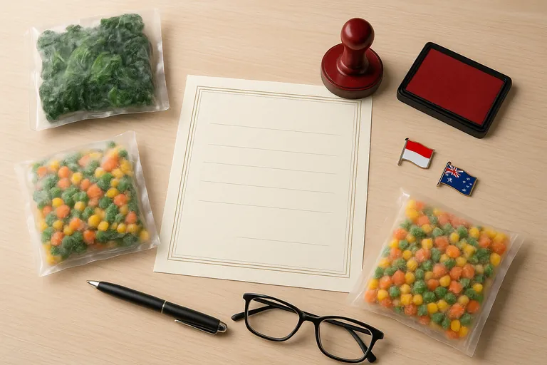 Top-down view of a tidy workspace with a blank certificate and a red rubber stamp beside clear pouches of frozen spinach and mixed vegetables covered with frost, plus small Indonesia and Australia flag pins and a pen, conveying origin proof preparation.