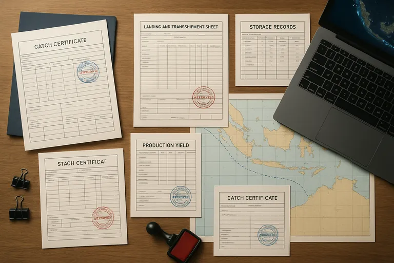Top-down view of an organized checklist workspace: stamped fisheries documents, a printed sea chart with a dotted vessel route near Indonesia, production and storage records, a rubber stamp with an ink pad, binder clips, and a laptop showing a coastline map—illustrating the complete catch-certificate file.
