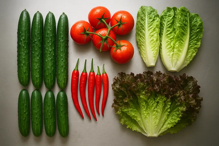 Top-down view of fresh cucumbers, tomatoes, romaine and red leaf lettuce, and red cayenne peppers neatly arranged on a clean stainless sorting table.