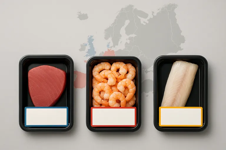 Top-down view of three packaged seafood items—tuna steak, shrimp, and mahi-mahi—each with a distinct color-coded blank panel area, set against a minimalist map of Europe with several countries softly highlighted, illustrating a multi-country, multilingual packaging approach.