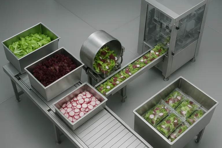 Top-down view of three separate vegetable components feeding into a mixer and then a packing machine, illustrating how a salad mix is assembled from distinct inputs.