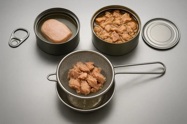 Top-down view showing two opened tuna cans—one with a single solid piece in clear brine and the other with chunks in golden oil—each with its lid beside it (ring-pull lid by the brine can, plain lid by the oil can), and a small mesh strainer draining tuna into a metal bowl with droplets suspended midair.