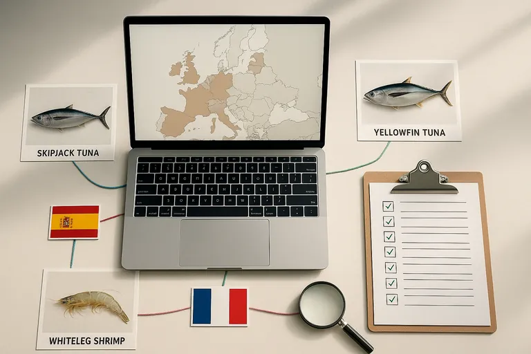 Top-down workspace showing a laptop with a Europe map highlighting Spain, France, Germany, and the Netherlands; printed photos of tuna and shrimp; colored strings connecting each species photo to small country flag cards; a clipboard with rows of green check marks and a magnifying glass, conveying research and validation.