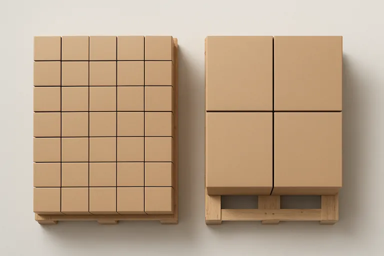 Top‑down comparison of two pallet layer patterns: left shows smaller cartons tightly arranged in a full grid; right shows larger cartons in a looser rectangular grid on the same pallet size.