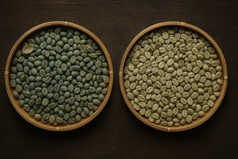 Top‑down comparison of wet‑hulled and fully washed green coffee beans in two bamboo trays, highlighting differences in color, surface texture, and uniformity