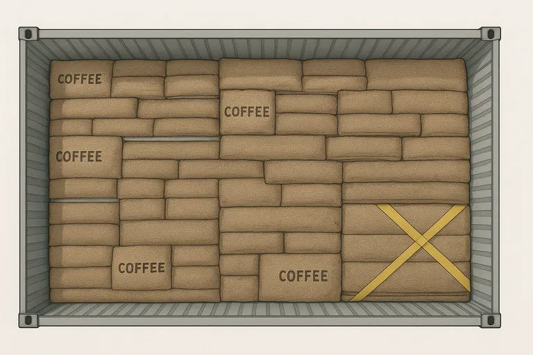 Top‑down cutaway illustrating an interlocking floor‑load of jute coffee sacks inside a container, with alternating row widths and a flat, strapped door face.