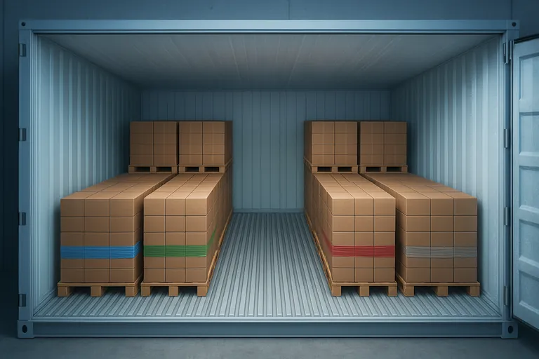 Top‑down cutaway of a 20‑foot reefer interior showing 10 uniformly sized pallets arranged in two rows with a central airflow gap, consistent pallet heights, and color‑coded wrap indicating different SKUs.