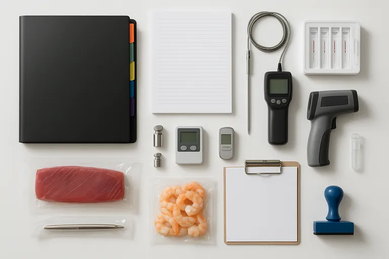 Top‑down flat lay of a complete seafood HACCP packet: binder with colored tabs, blank monitoring sheets, calibrated thermometers and data logger, histamine rapid test kit with reagents, calibration weights, rubber stamp, and vacuum‑packed tuna and shrimp samples arranged on a clean white desk.