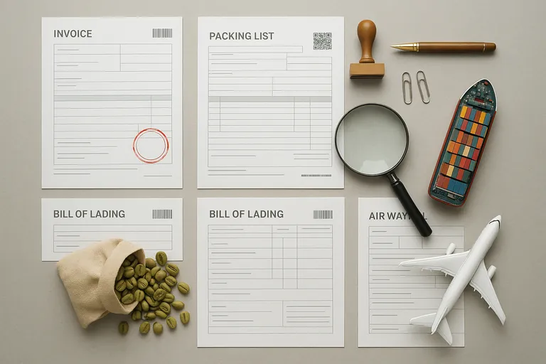 Top‑down flat lay of required coffee export documents neatly arranged with a rubber stamp, magnifying glass, and a small bag of green coffee beans.
