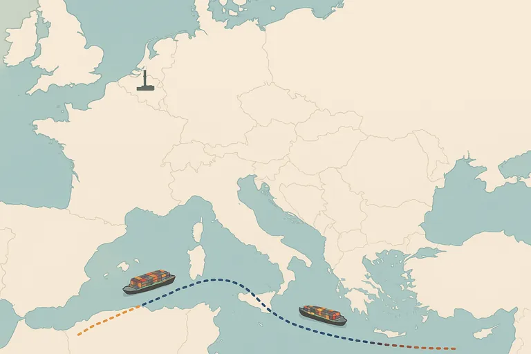 Top‑down minimalist map showing two shipping routes from Jakarta to Europe via the Suez Canal: one path extending to Rotterdam and a shorter path to Barcelona, each with a small container ship icon, illustrating the distance difference.