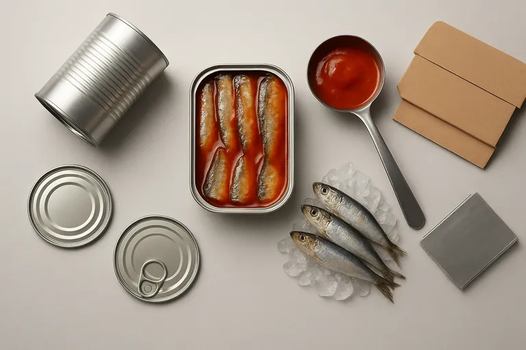 Top‑down still life of sardine can components: an open can with fish in tomato sauce, an empty cylindrical can body, two lids side by side (one ring‑pull, one flat), a ladle holding thick red sauce, a small arrangement of raw sardines on crushed ice, a flat‑packed brown carton, and a short stack of tinplate sheets arranged neatly on a neutral background.