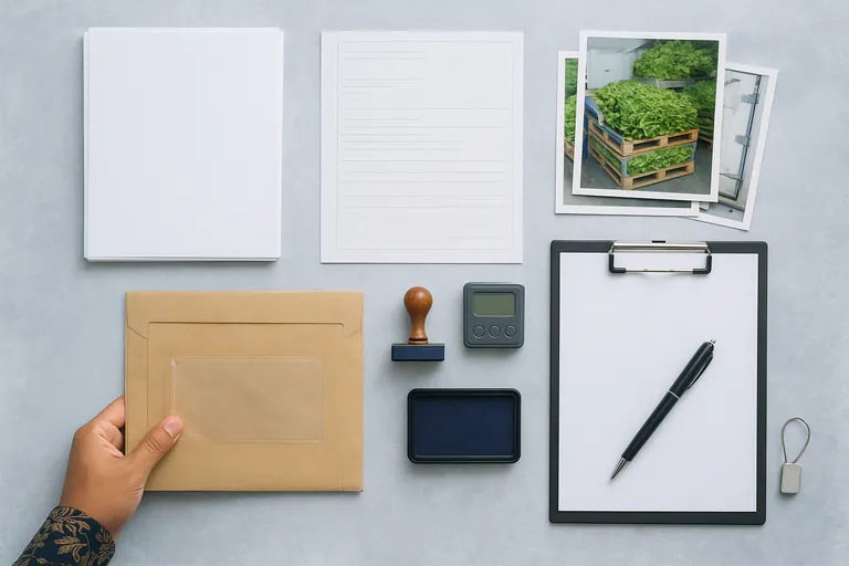 Tampilan atas meja manajer pengapalan yang disusun untuk ekspor barang mudah rusak: tumpukan rapi dokumen pengiriman kosong, cap karet dan bantalan tinta, perekam suhu digital, tag segel kontainer logam, foto cetak pemuatan produk dan pintu reefer yang tersegel, dan amplop kurir kraft, dengan tangan berlengan batik yang mengatur set tersebut di bawah pencahayaan dingin.