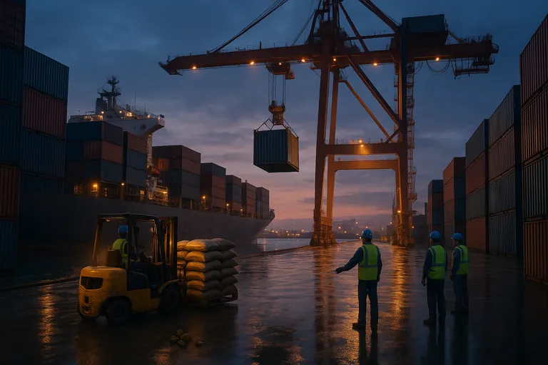 Transshipment at a Southeast Asian port at dusk: a gantry crane lifts a container between two container ships while a forklift moves pallets of jute coffee bags on the quay; workers in safety vests oversee the operation under warm lights.