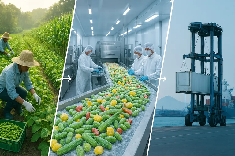 Triptych showing the origin-to-export flow: Indonesian farm harvesting vegetables, a modern IQF processing line with workers in PPE, and a reefer container being loaded at a port toward Japan.