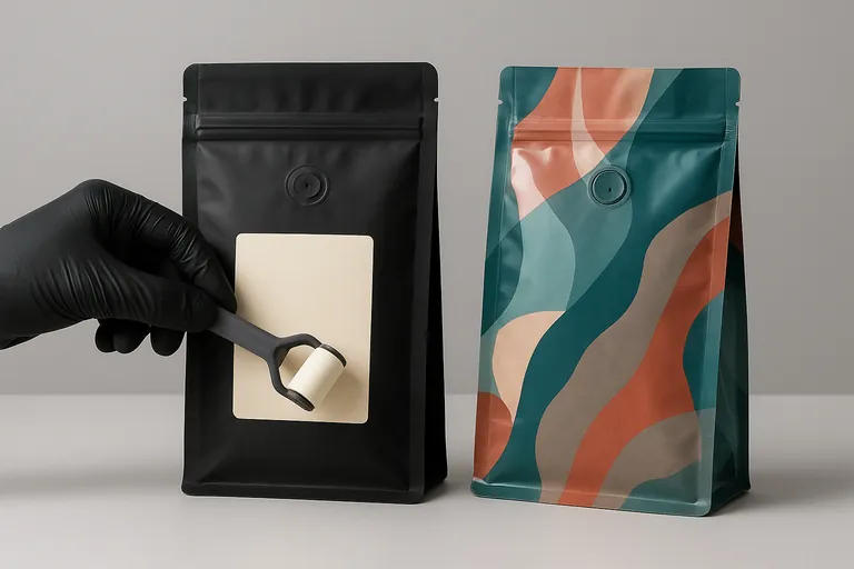 Two 250 g coffee bags side by side on a tabletop: left, a matte black bag as a hand smooths on a blank rectangular sticker; right, a fully printed bag with vibrant abstract patterns and a one-way valve, shot in clean studio lighting.