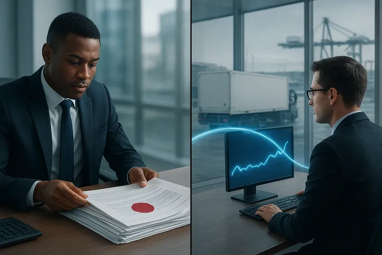 Two bankers in separate modern offices verify trade documents over a secure digital link while, outside, a refrigerated container is being handled at a terminal and a pallet of iced fish waits.