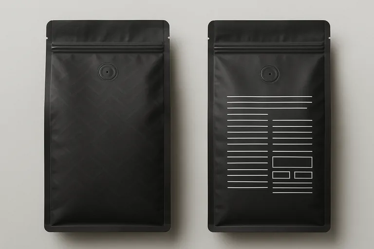 Two coffee pouches side by side, front and back views, highlighting a clean front design and a structured back layout with dense information blocks, strong contrast, and clear spacing.