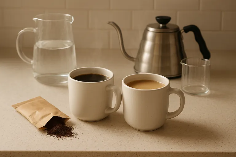 Two identical mugs of prepared 3‑in‑1 coffee side by side, one darker and stronger, the other lighter and more diluted, with a torn sachet and water container nearby to illustrate how mixing volume changes the final beverage and grade.