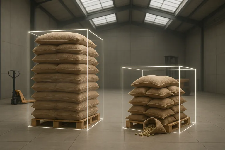 Dua pallet karung kopi juta di gudang, satu ditumpuk tinggi dan rapat serta yang lain lebih pendek dan longgar, masing‑masing dibatasi oleh kotak kawat tembus pandang untuk menggambarkan volume yang berbeda.