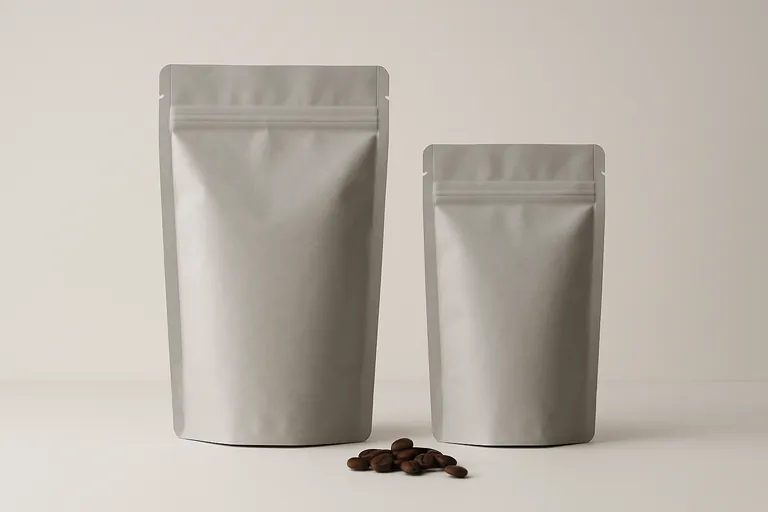 Two plain stand-up coffee bags of the same design but different sizes side by side on a neutral surface, with a small scatter of roasted beans in front, illustrating A/B testing of bag sizes.