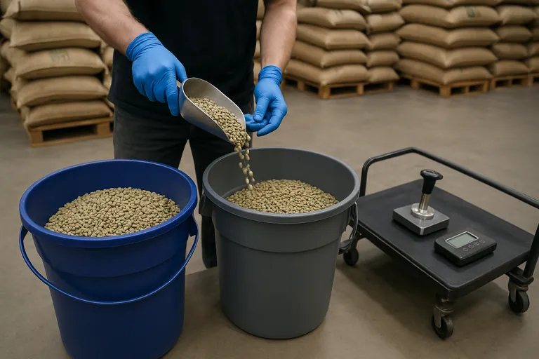 Two side-by-side buckets being filled evenly with green coffee bean increments to create two independent composites, with a coffee trier, scale, and stacked burlap sacks in a tidy warehouse.