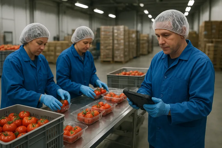 U.S. repacking room where workers transfer loose tomatoes from large containers into clamshells on a stainless worktable and conveyor while a lead uses a tablet, illustrating a transformation step.