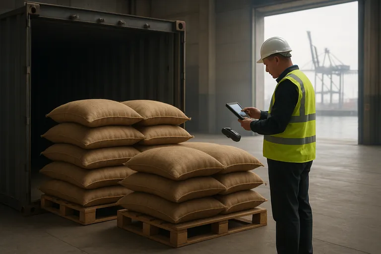 Inspektur Port Health Inggris memeriksa karung goni berisi biji kopi hijau pada palet kayu di samping kontainer pengiriman terbuka di dalam dermaga gudang.