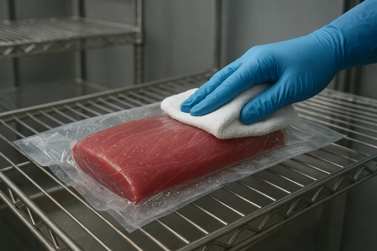 Vacuum‑packed yellowfin loin on a wire rack in a walk‑in chiller, bag partly opened as a gloved hand pats the surface dry above a shallow tray, avoiding standing water