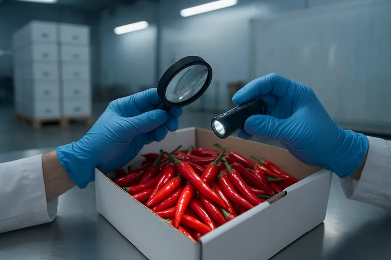 VIGIAGRO-style inspection scene with gloved hands lifting fresh red chilies from an open carton on a stainless-steel table inside a port inspection bay, with a refrigerated container and palletized cartons in the background.