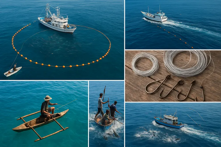 Visual comparison of common tuna fishing gears used in Indonesia: purse seine net encircling a school, longline with buoys and hooks, handline fisher in a small wooden outrigger, pole-and-line crew at the stern, and trolling lines trailing behind a vessel.