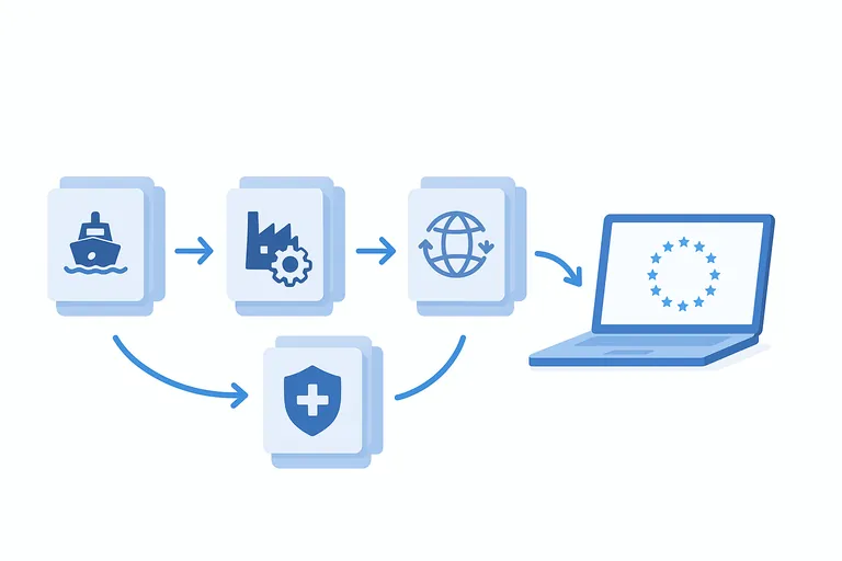 Visual flow of documents for a mixed-lot export: ship-linked catch certificates feeding into a factory processing statement, optionally to a re-export document, alongside a health certificate, all converging to a laptop representing the EU importer’s portal.