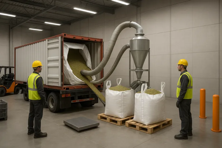 Warehouse dock setup unloading a coffee container liner: a container on a chassis at the dock door with the liner open, a vacuum hose conveying green coffee into large white FIBC bins on pallets, a floor scale, a forklift staging empties, and two workers in safety gear guiding the process.